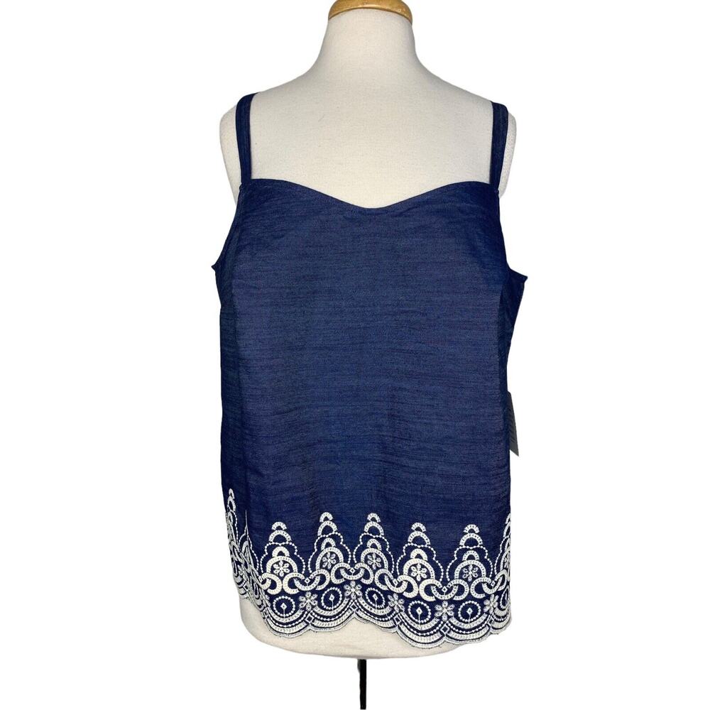 ELOQUII *NEW* Embroidered Chambray Tank Size 16 Blue with White Detail at Hem